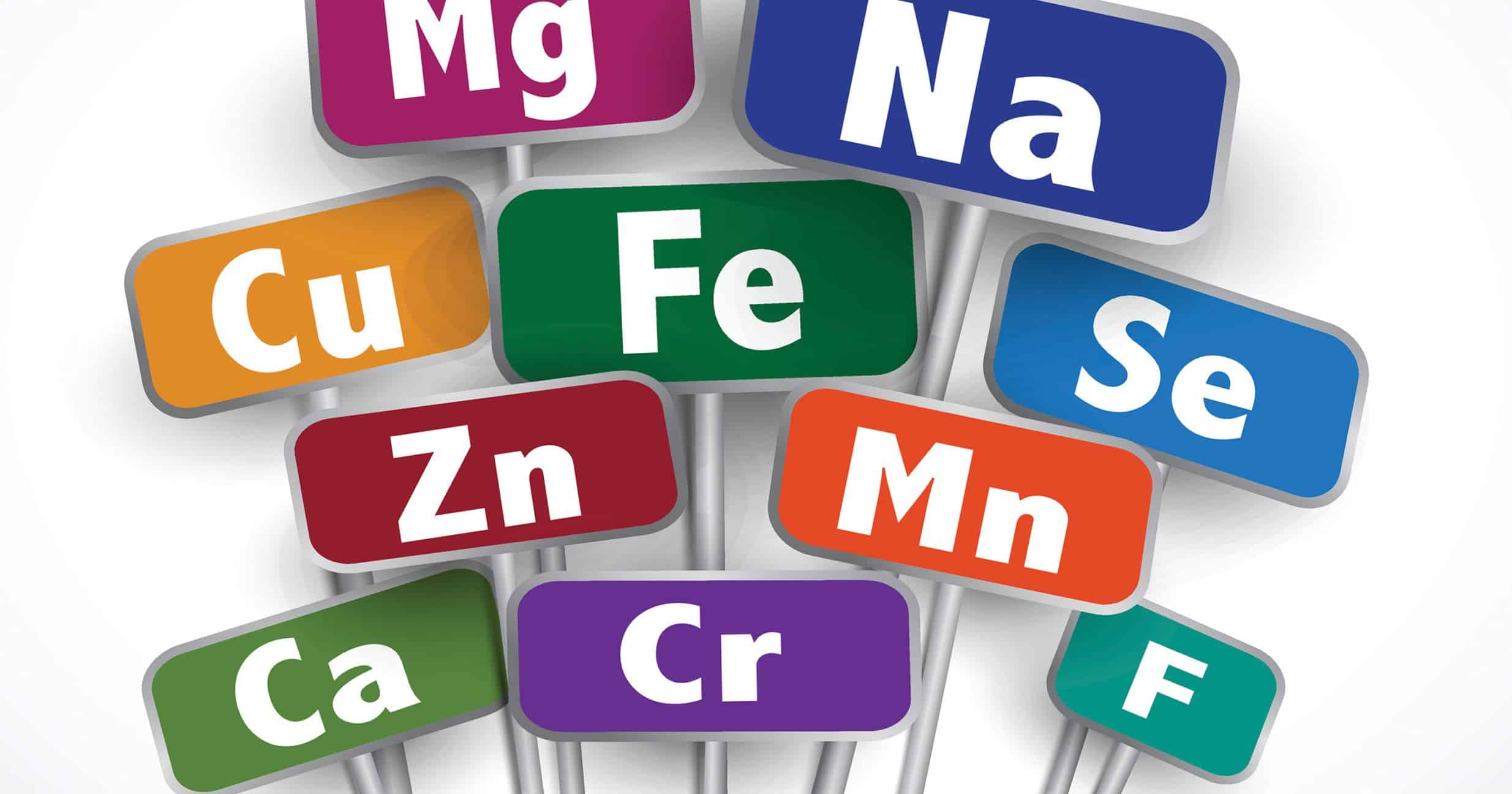 Mineral Health Benefits in Supplements graphic signs of mineral abbreviations like Mg for Magnesium