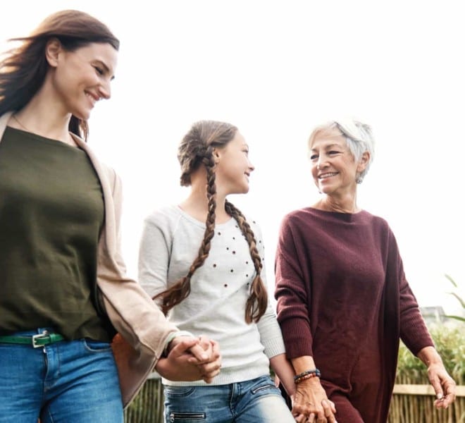 Photo of three multi-generational women in a family. Dr Radford explains nutritional deficiencies in aging adults and struggles for the sandwich generation of people who care for them