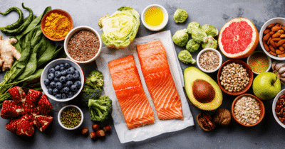 Photo of fruits, vegetables, black-eyed peas, fish and other foods with naturally-occurring folate