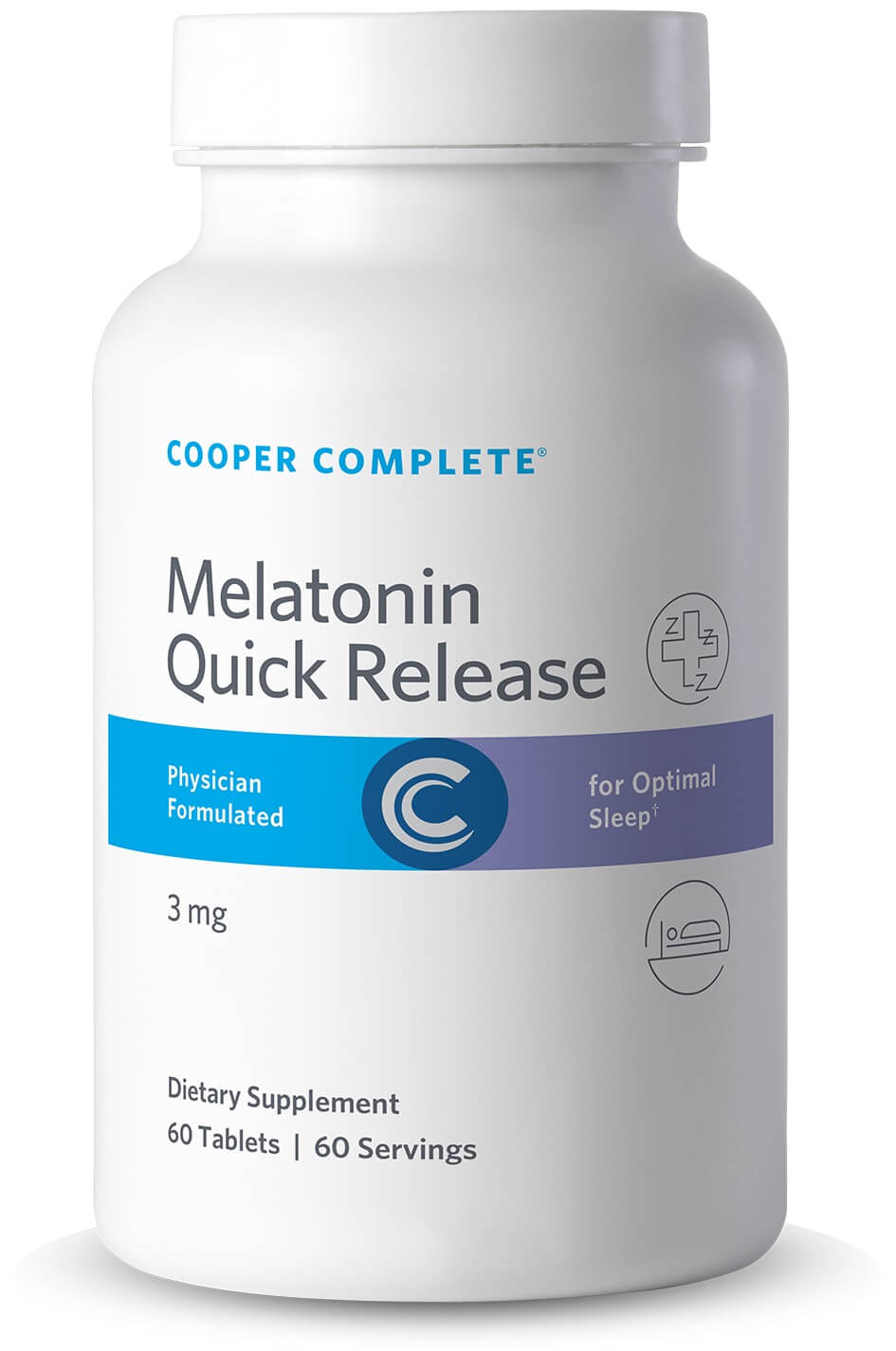 Photo of Cooper Complete 3 mg Melatonin Quick Release Supplement bottle.