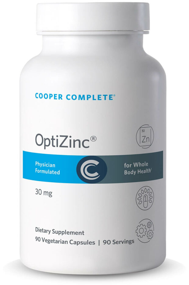 Photo of Cooper Complete OptiZinc Zinc Supplement 30 mg bottle.