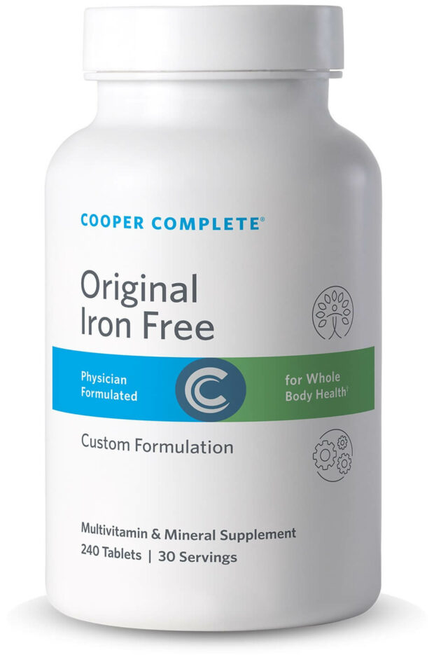 Photo of Cooper Complete Original Comprehensive Multivitamin Iron Free Supplement bottle.