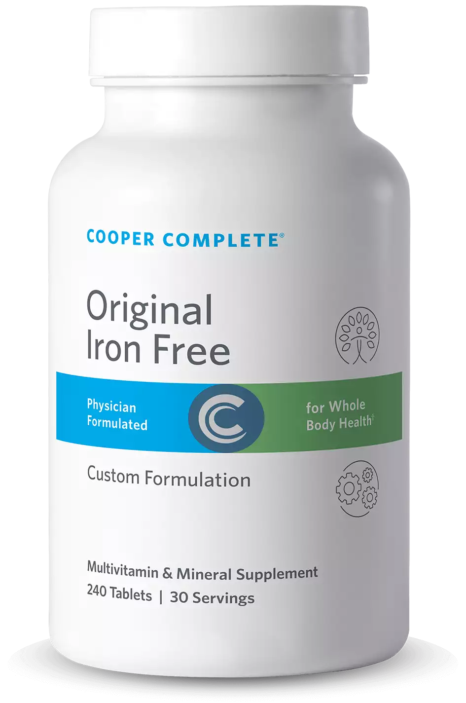 Photo of Cooper Complete Original Comprehensive Multivitamin Iron Free Supplement bottle.