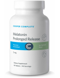 Photo of Cooper Complete 5 mg Melatonin Prolonged Release Supplement bottle.
